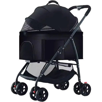 Breathable Pet Stroller for Small Dogs and Cats, Lightweight with Detachable Carrier & Cup Holder (Black)