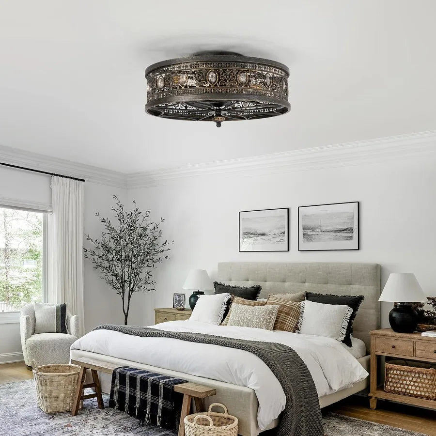 Caged Ceiling Fans with Lights Vintage Victorian Rustic Crystal Fandelier Low Profile Flush Mount Small Enclosed Bladeless Ceil