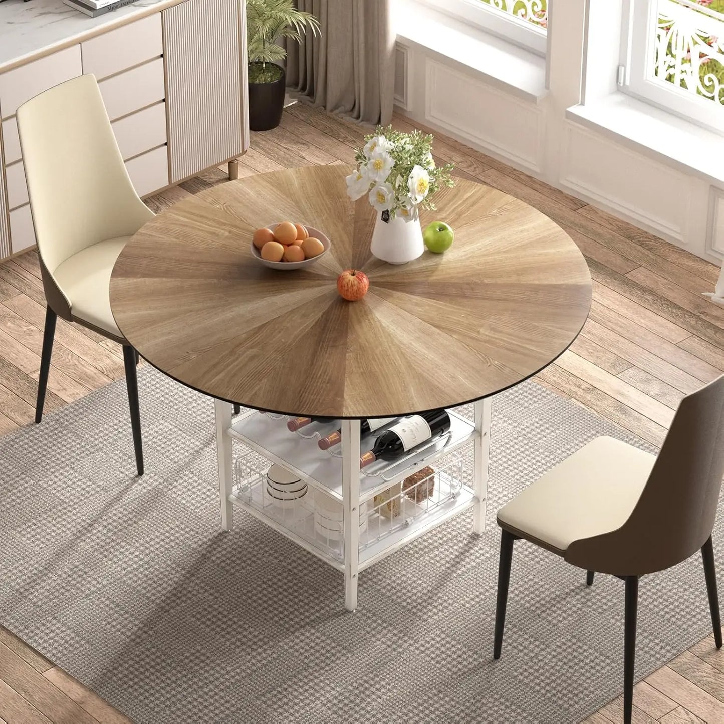 farmhouse-style 47" round dining table set for 4-6 with 4 chairs and storage rack, rustic wood design