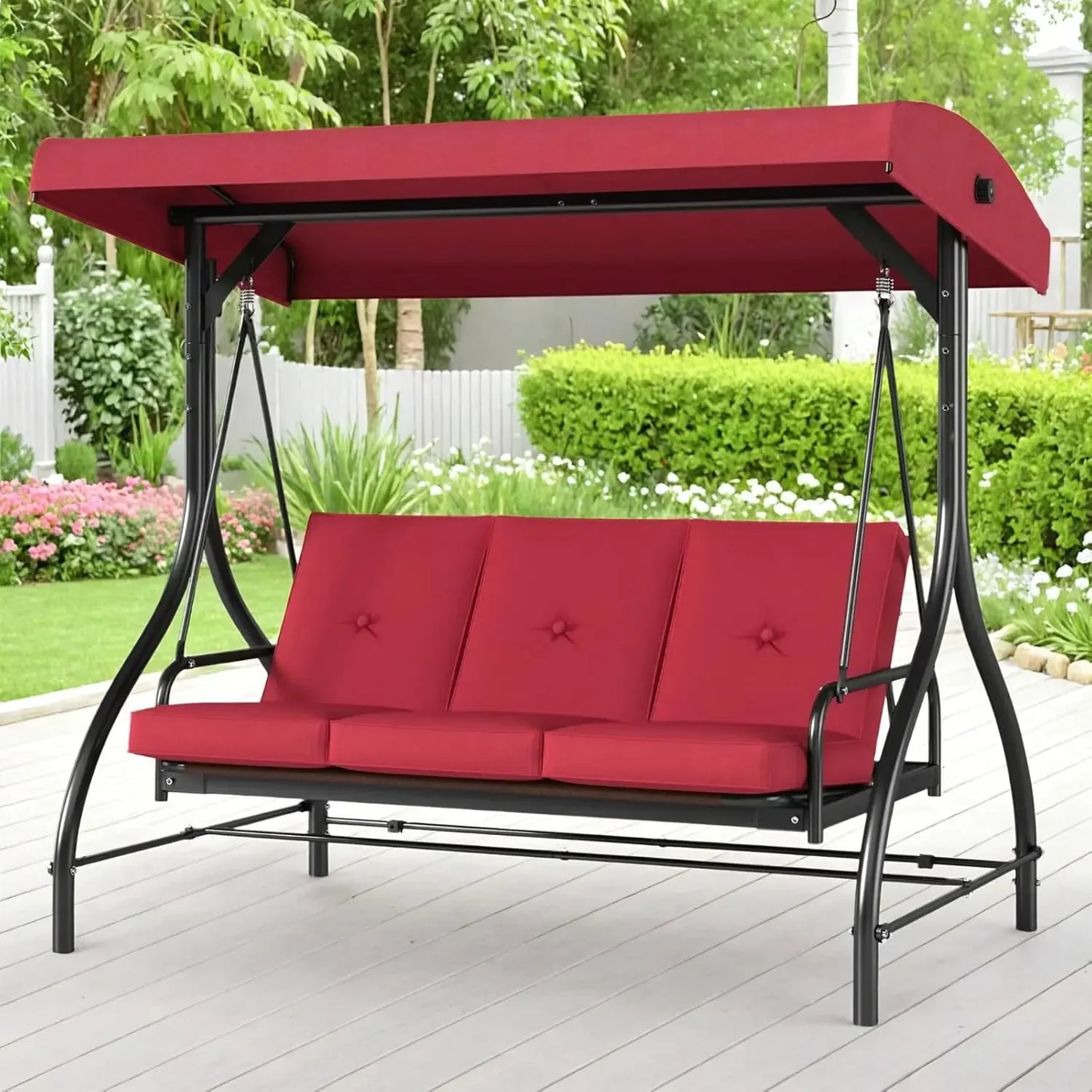 3-Seat Outdoor Patio Swing Chair with Adjustable Canopy And Backrest Adult Porch Swing Bed Thickened for Garden Backyard