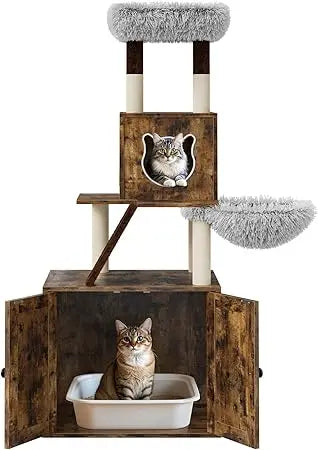 Modern 57.5-Inch Large Cat Tower with Litter Box Enclosure, Condo, Hammock, Scratching Post, and Play Area for Indoor Cats