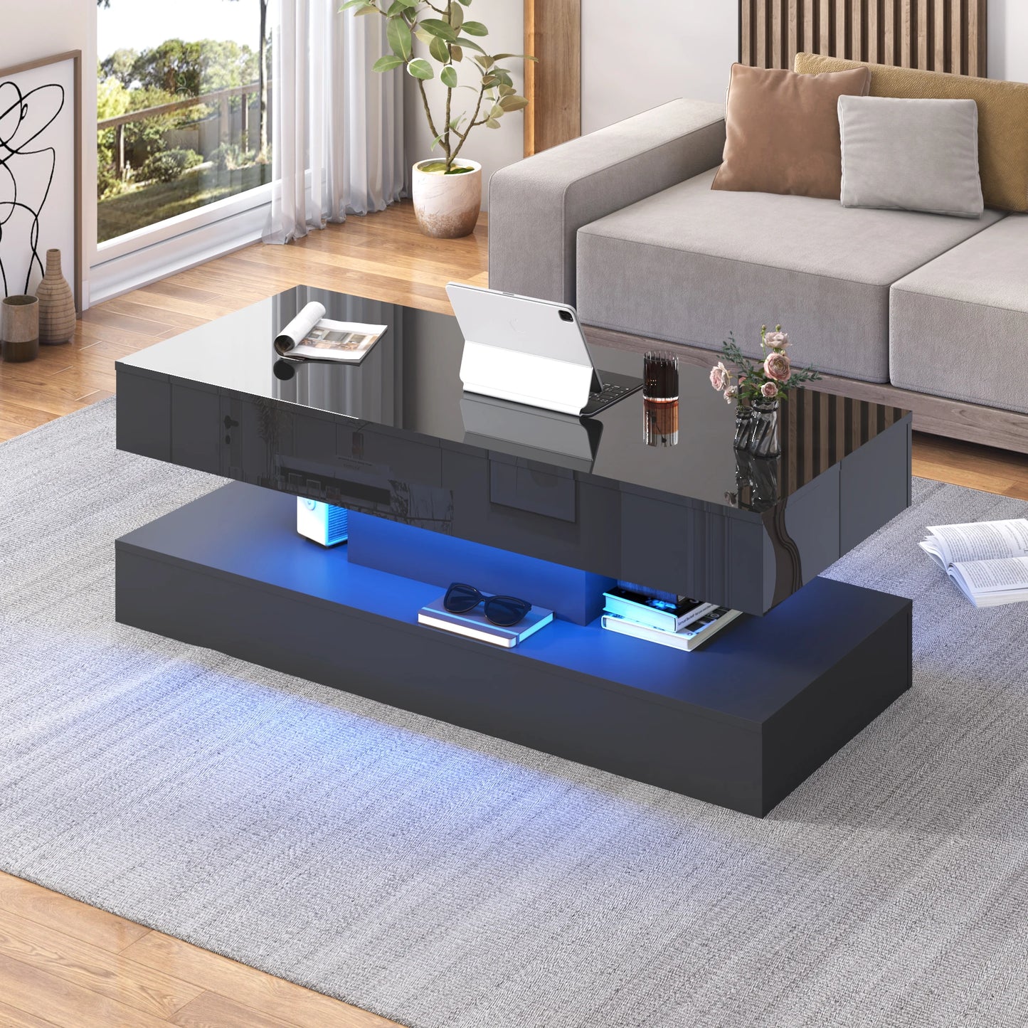 High Glossy LED Coffee Tables for Living Room, Center Table with Open Display Shelf & Large Storage Space, White Coffee Table