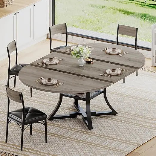 Round Extendable Dining Table Set for 4-6 People, 5-Piece Kitchen Table Set with 4 Cushion Chairs, Dining Room Table for 6