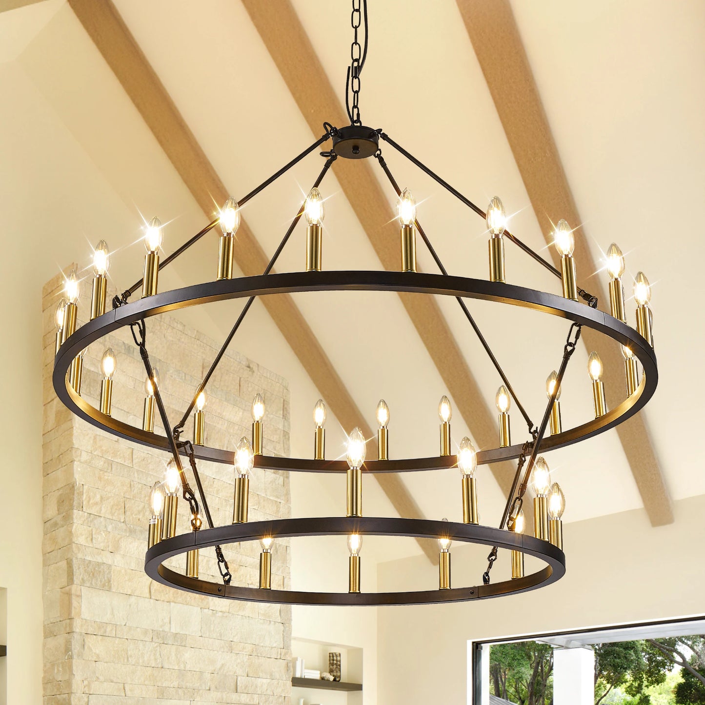 47'' Extra Large Wagon Wheel Chandelier 2 Tier 36-Lights Farmhouse Pendant Light Fixture Hanging Lighting for High Ceiling