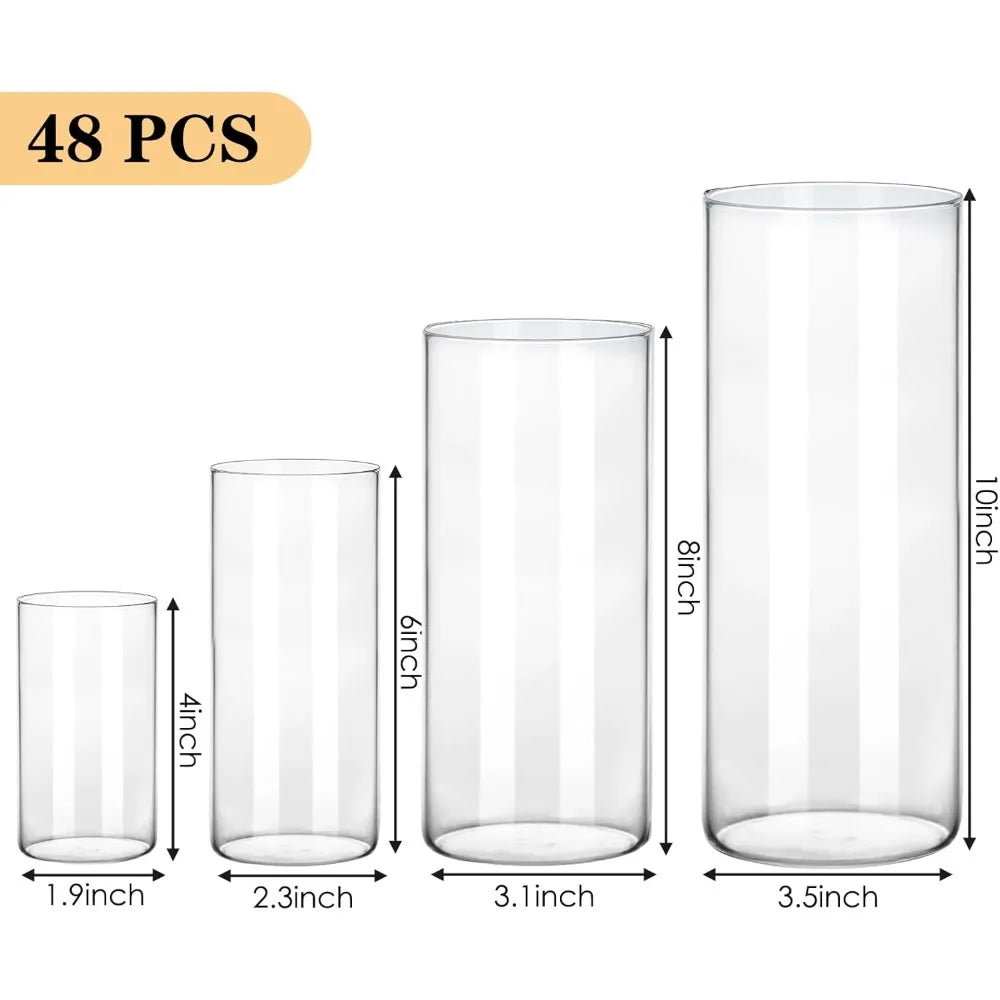 Set of 48 Transparent Glass Cylinder Vases Assorted Heights for Wedding Centerpieces, Decorative Flower Vases, Candle Holders