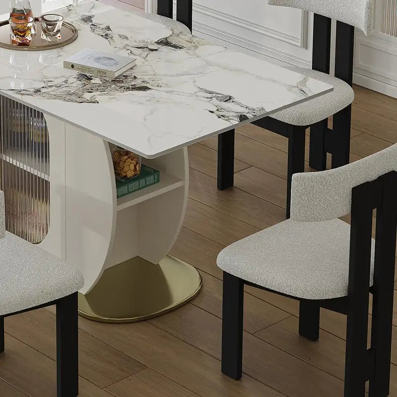 63-Inch Modern 4-6 Person Dining Table Set with Storage, Burnt Stone Top & Gold Wood Base, Includes 6 White Velvet Chairs for