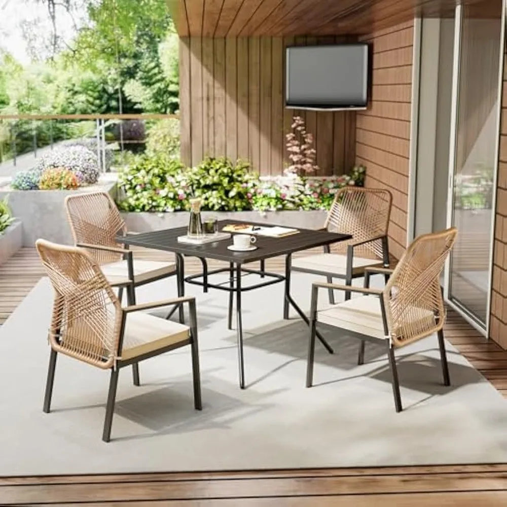 Outdoor Patio Dining Set, 5 Pieces Rattan Patio Table and Chairs Set with Cushion and Umbrella Hole, Wicker Outdoor Patio