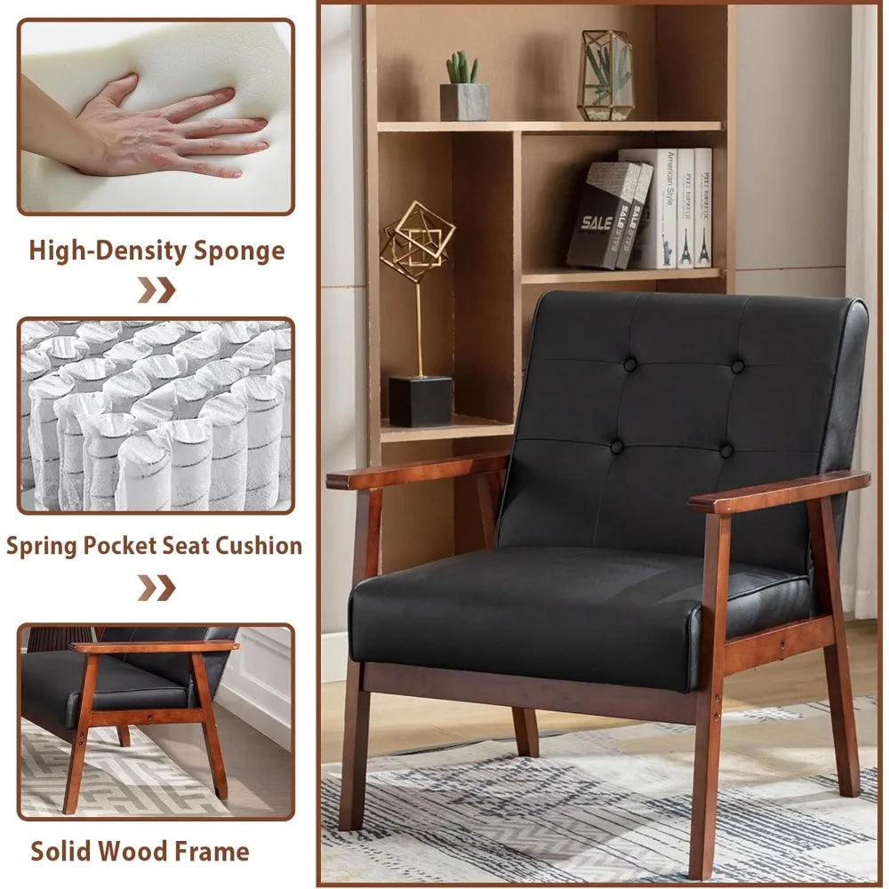 Mid-Century Retro Modern Accent Chair Wooden Arm Upholstered Tufted Back Lounge Chairs Seat Size 24.4" 18.3"