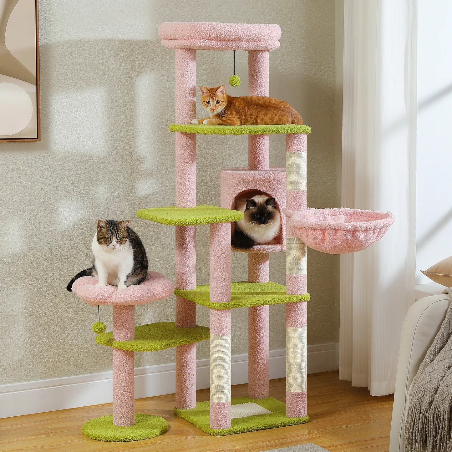 Multi-Level Cat Tree with Scratching Post Hammock Large Perches Hanging Balls Tall Cat Tower for Indoor Spacious Cat Condo House