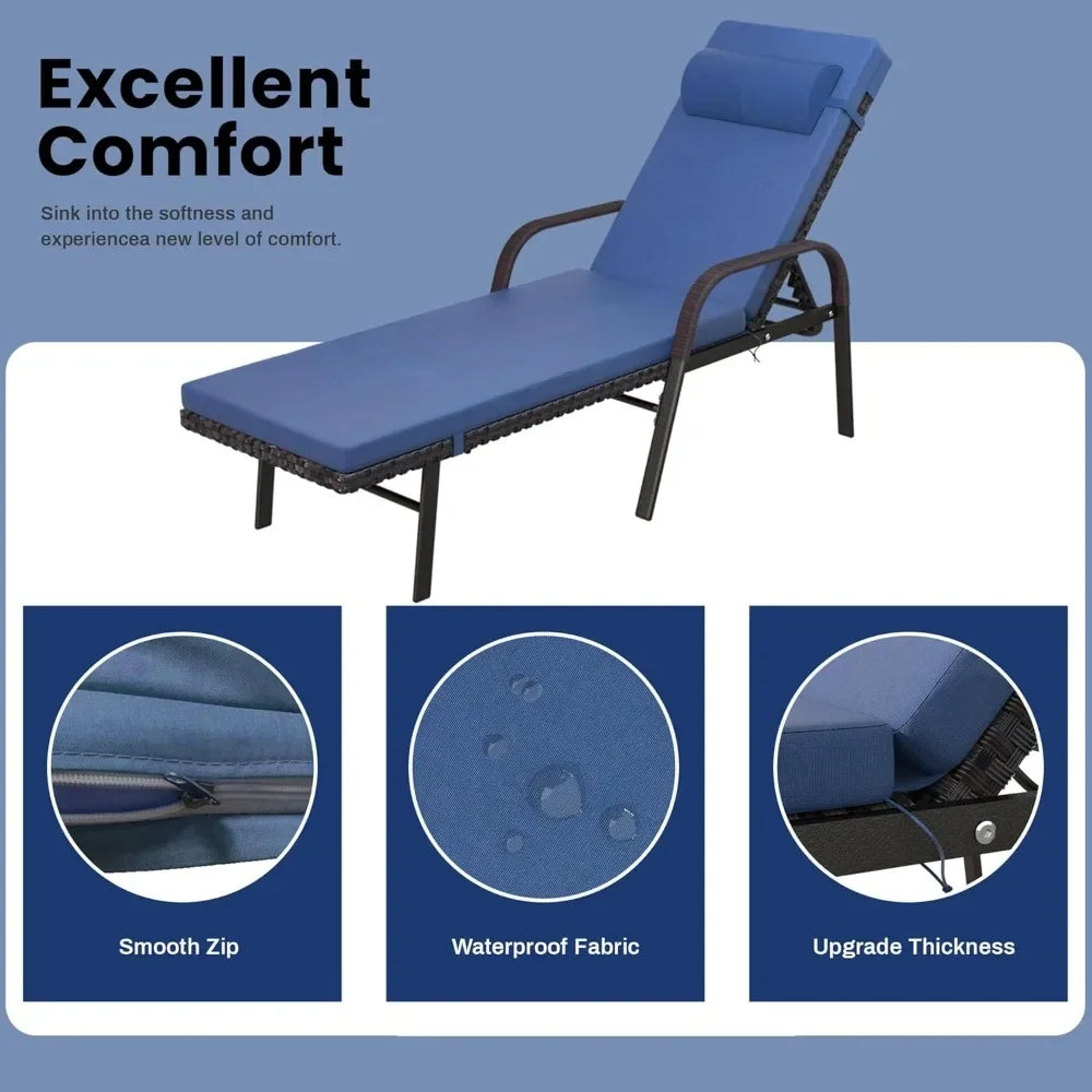 Patio Chaise Lounge Set 3 Pieces Pool Lounge Chairs,Cushioned Outdoor Folding Lounge Chair w/Arm and Rattan Adjustable Backrest