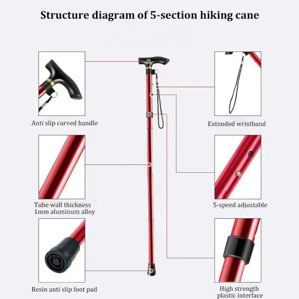 Lightweight Telescopic Trekking Stick Strengthen Adjustable Crutches 5-Section Portable Folding Canes for Adults Elderly People