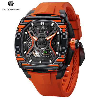 TSAR BOMBA Men's Luxury Mechanical Watch, Carbon Fiber Case, Luminous, 5ATM Waterproof, Viton Strap, Ideal Gift for Men