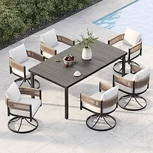 Outdoor Dining Set for 6, 7 PCS Patio Table and Chairs Set, Metal Woven Wicker Fixed Patio Chairs with Thickened Cushions & 1 R