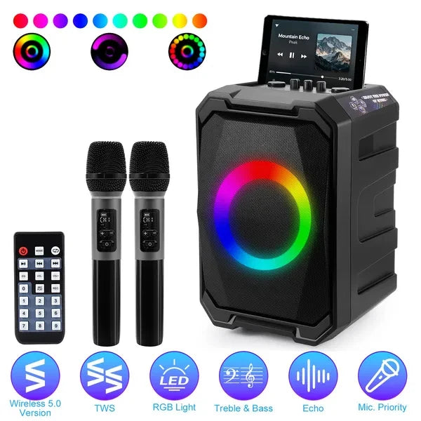 Portable Wireless Party Speaker With LED Light 2 Wireless Mics Remote Control TWS Music Accompany Mic. Priority Bass