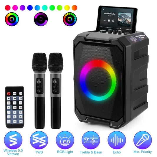 Portable Wireless Party Speaker With LED Light 2 Wireless Mics Remote Control TWS Music Accompany Mic. Priority Bass