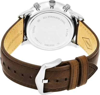 Men's Quartz Chronograph Watch with Stainless Steel Case and Leather Strap, Water Resistant