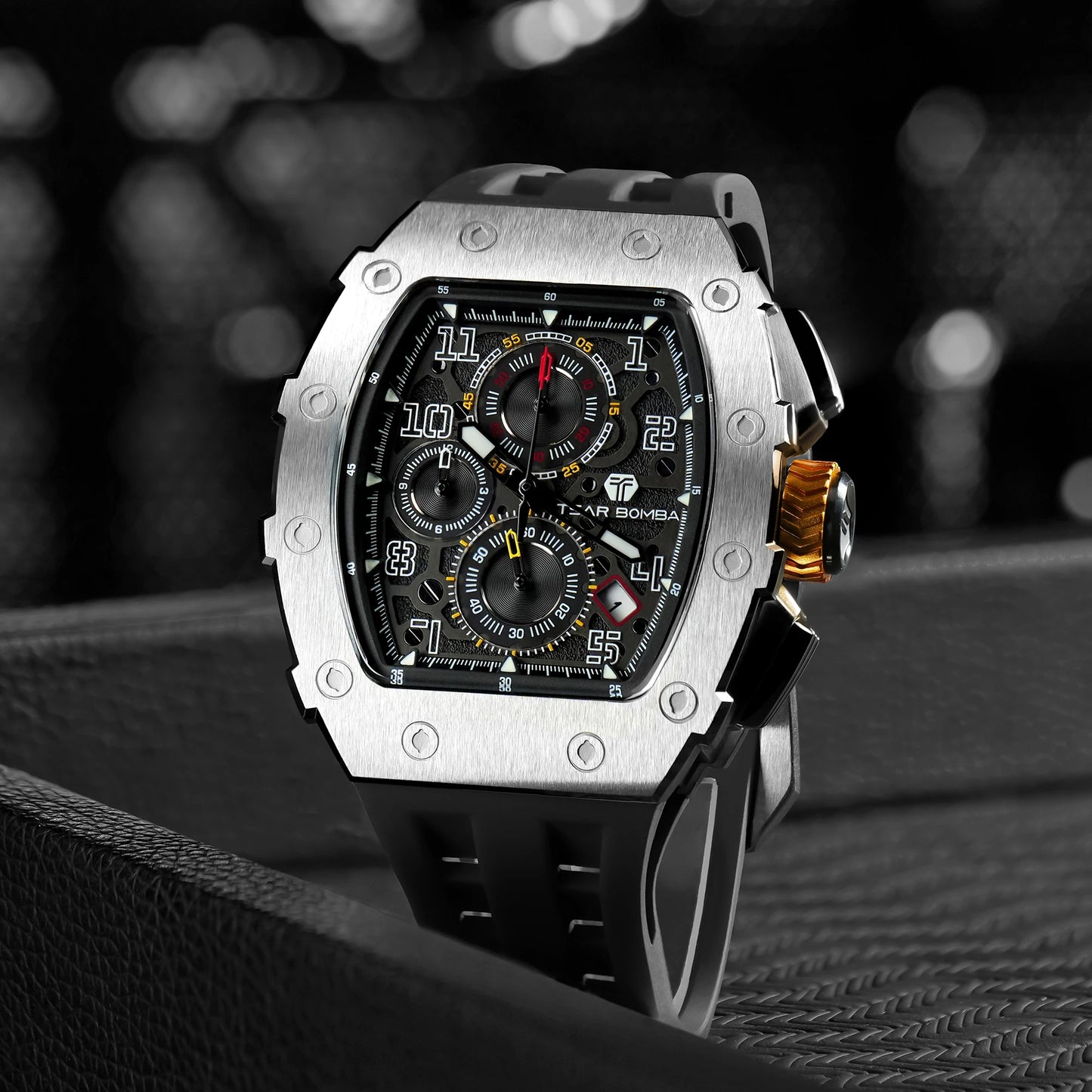 TSAR BOMBA Luxury Tonneau Quartz Watch for Men Japanese Movement, Stainless Steel Case,  Elegant Dress Wristwatch