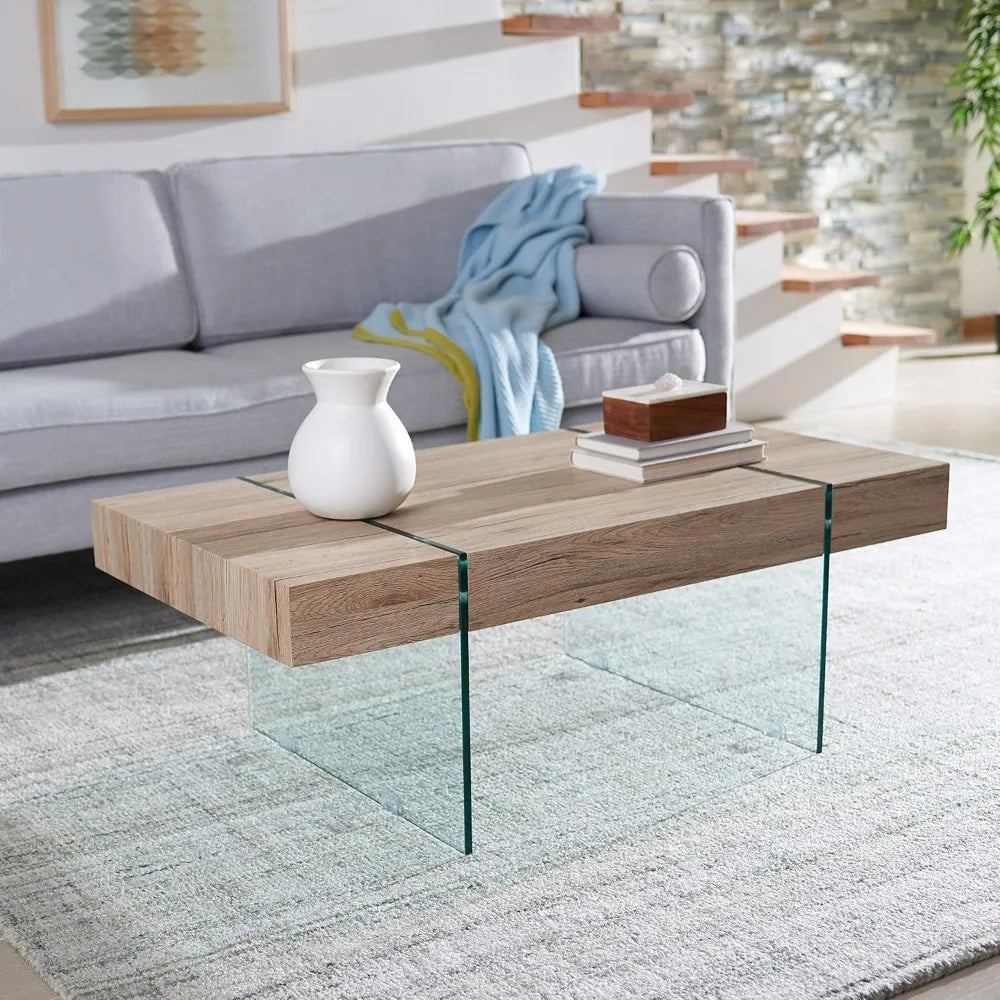 Home Collection Jacob Modern Rectangular Floating Coffee Table COF7001C, 43.3" W x 23.6" L x 15.7" H, Natural/Glass Legs