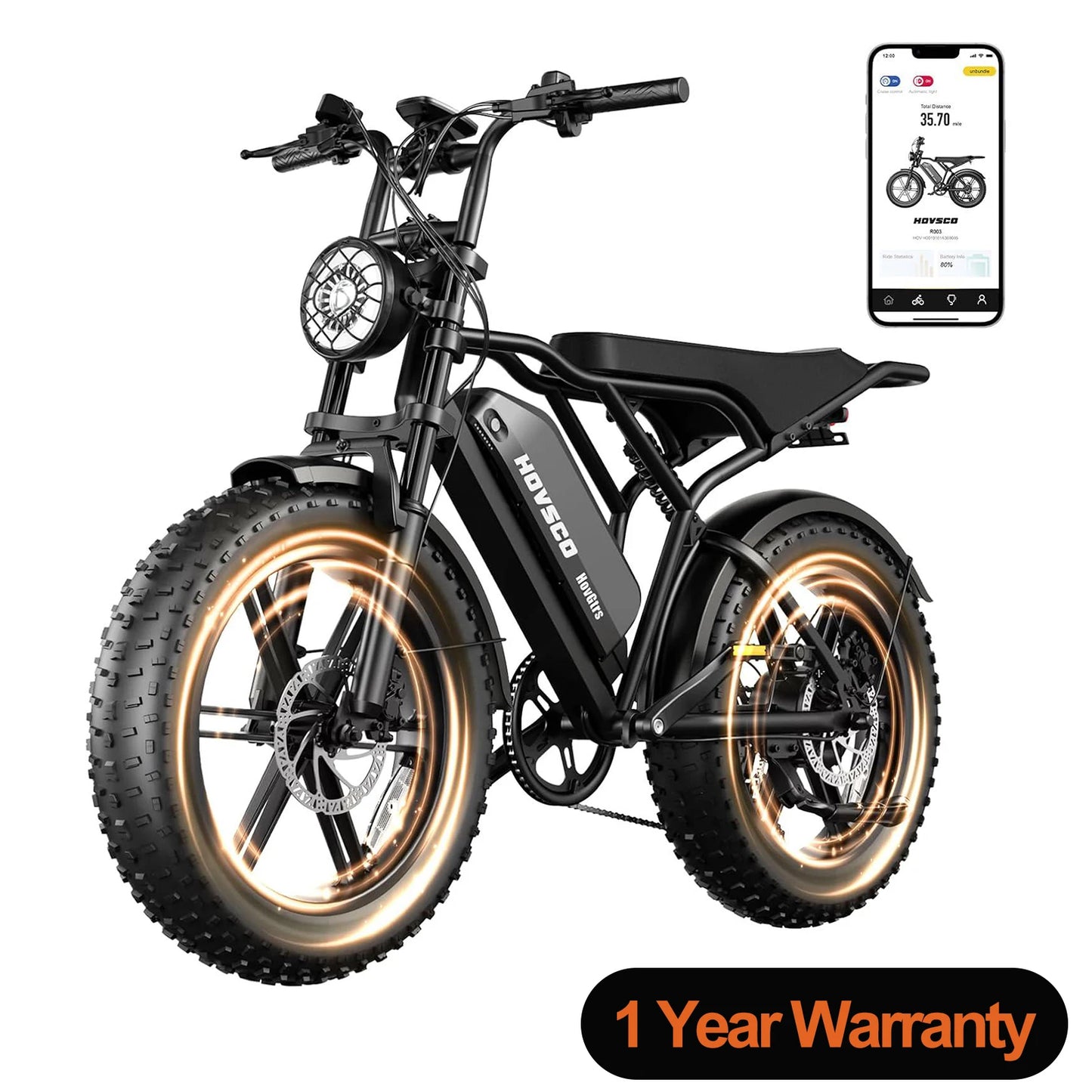 HOVSCO R003 1500W electric bike, 20" fat tires, 28MPH, 48V 15Ah battery, all-terrain, for road, sand, mountain, and snow.