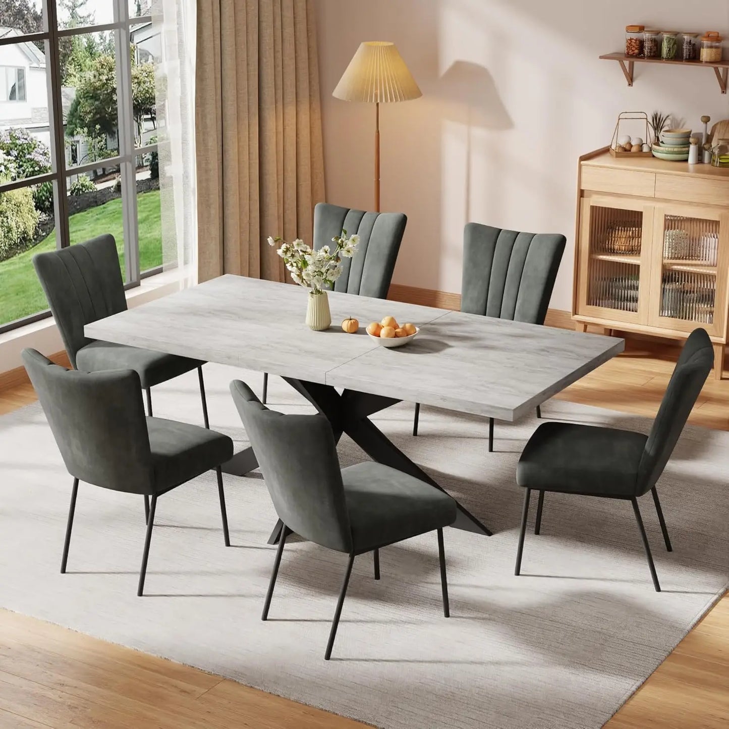 6-Piece Extendable Dining Table Set, Modern 51''–67'' Grey Wood Table with 6 Black Fabric Chairs, Dining Room Table and Chairs