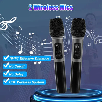 Portable Wireless Party Speaker With LED Light 2 Wireless Mics Remote Control TWS Music Accompany Mic. Priority Bass