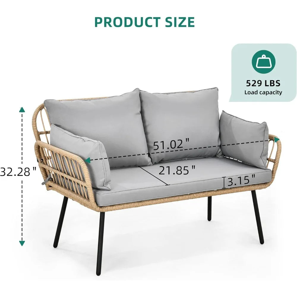 All-Weather Wicker Rattan Outdoor Patio Loveseat with Cushions and Lumbar Pillows, 2-Seater Sofa Set