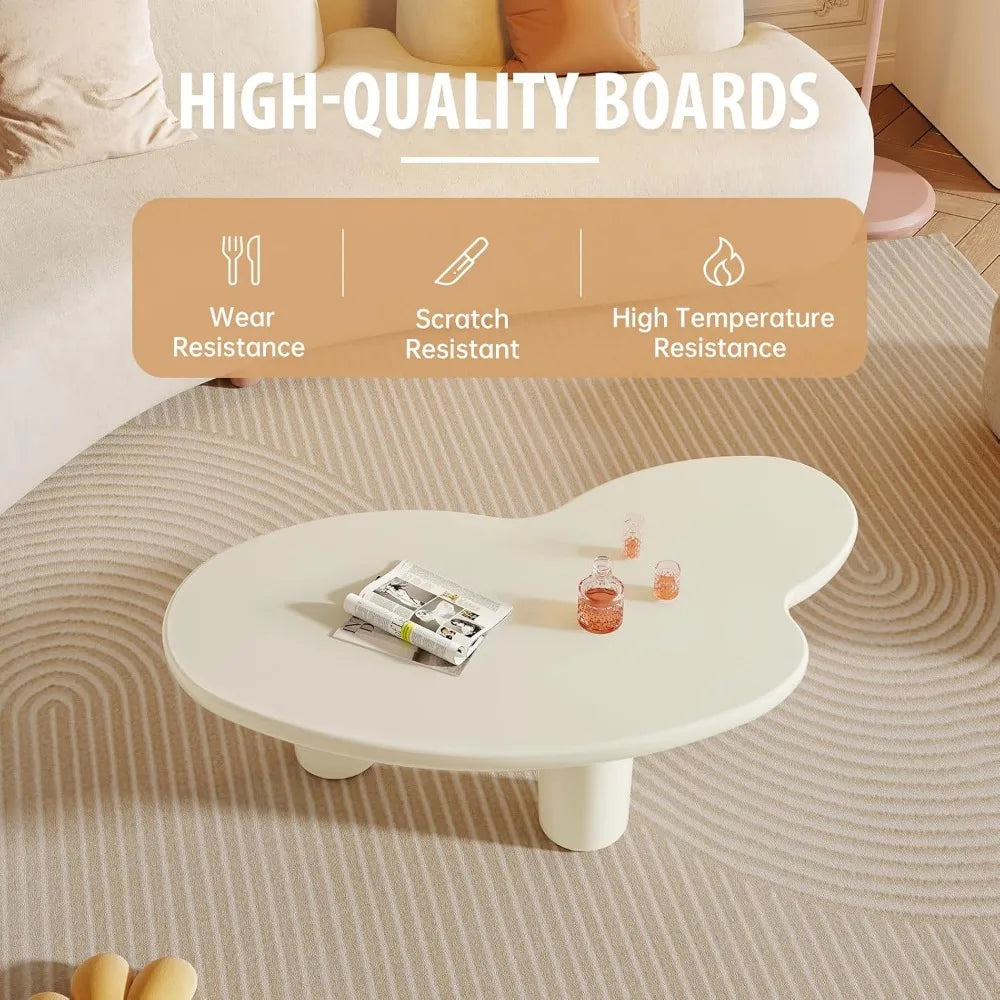 White Cloud Coffee Table, Vintage Coffee Table with 3 Support Legs, Smooth Surface and Round Edge