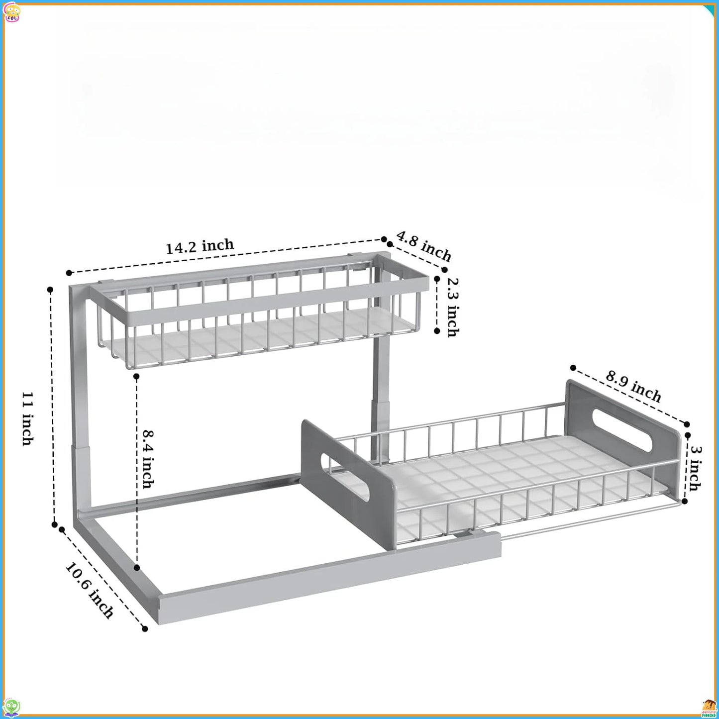 Pull Out Sink Organizer 2-Tier, Under Cabinet Slide Out Shelves - For Kitchen & Bathroom Storage