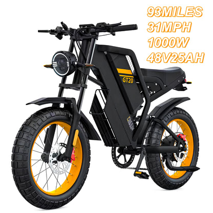 Electric Bike for Adults,1000W/2000W/3000W Motor,Removable Battery,93-145Miles Electric Motorcycle,20"x4.0 Fat Tire Ebike Adults