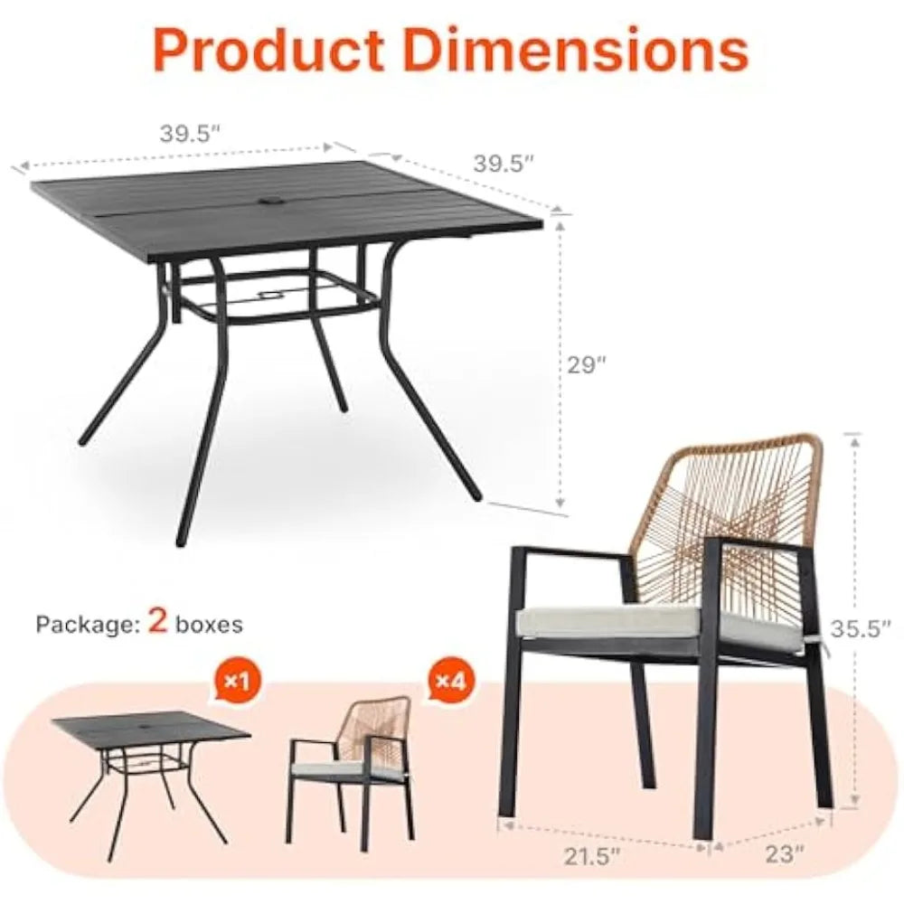 Outdoor Patio Dining Set, 5 Pieces Rattan Patio Table and Chairs Set with Cushion and Umbrella Hole, Wicker Outdoor Patio