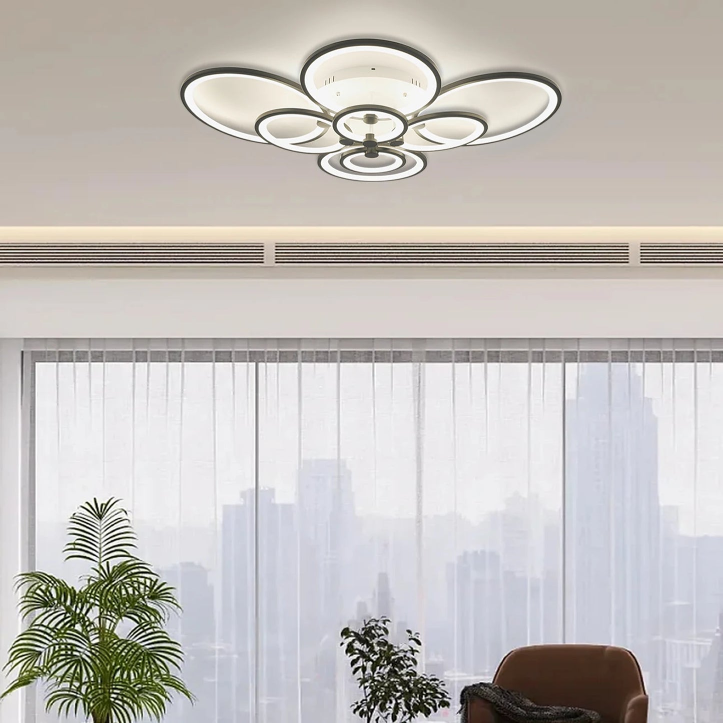 8 Light Modern LED Ceiling Light Fixture with Remote Control, Clear Acrylic Shade, Semi Flush Mount Chandelier for Dining Room