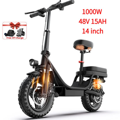 Electric Scooter Adult 14 26 Inch 1000w 30-60miles 48v 10a 15a 17.5a Removable Battery,adjustable Front Brake Seat Electric Bike