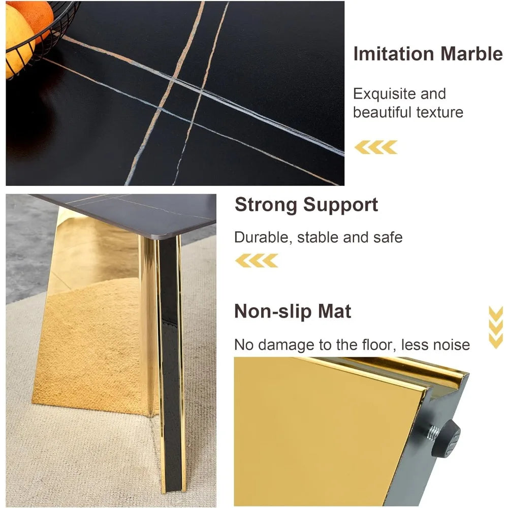 7 Pieces Dining Table Set,63" Marble Kitchen Room Table with 6 Black Chairs,Rectangle Sintered Stone Top with Gold Legs