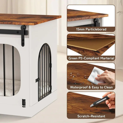 XL Dog Kennel urniture,39.4 Inch armhouse Crate urniture with Cushion Decorative White Dog Kennel Indoor Thick Wooden Pet House
