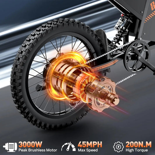 BOPZIN Q8 Electric Bicycle 3000W 60V 35AH Long Range Dirt Mountain E-Bike Big Power Locomotive Tire Electric Bikes for Adults