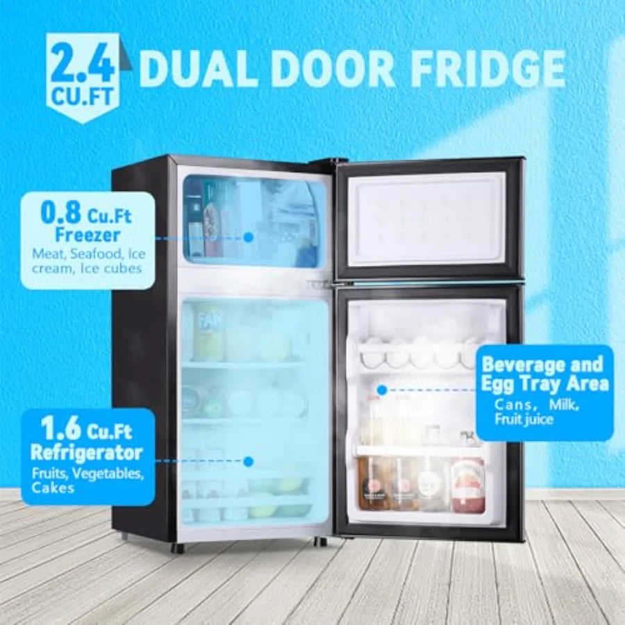 Mini Fridge with Freezer 2.4 Cu.ft Mini Refrigerator Double Doors Dorm Fridge Compact 7 Modes Temp Suit for Apartment Bedroom O