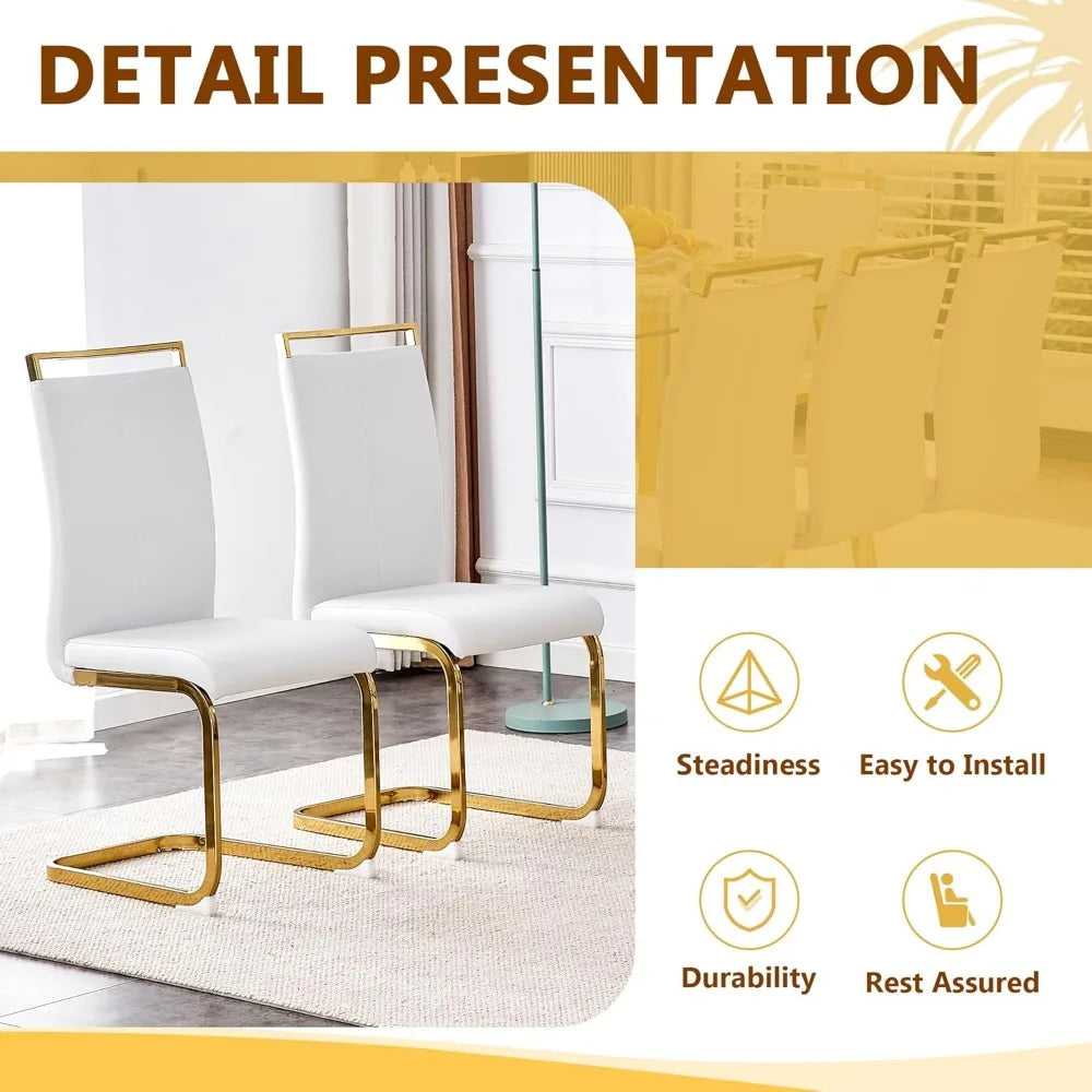 Modern Dining Table Set for 6,Glass Kitchen Table and Chairs,71''Gold Dining Room Table &Generous Legroom with 6 White