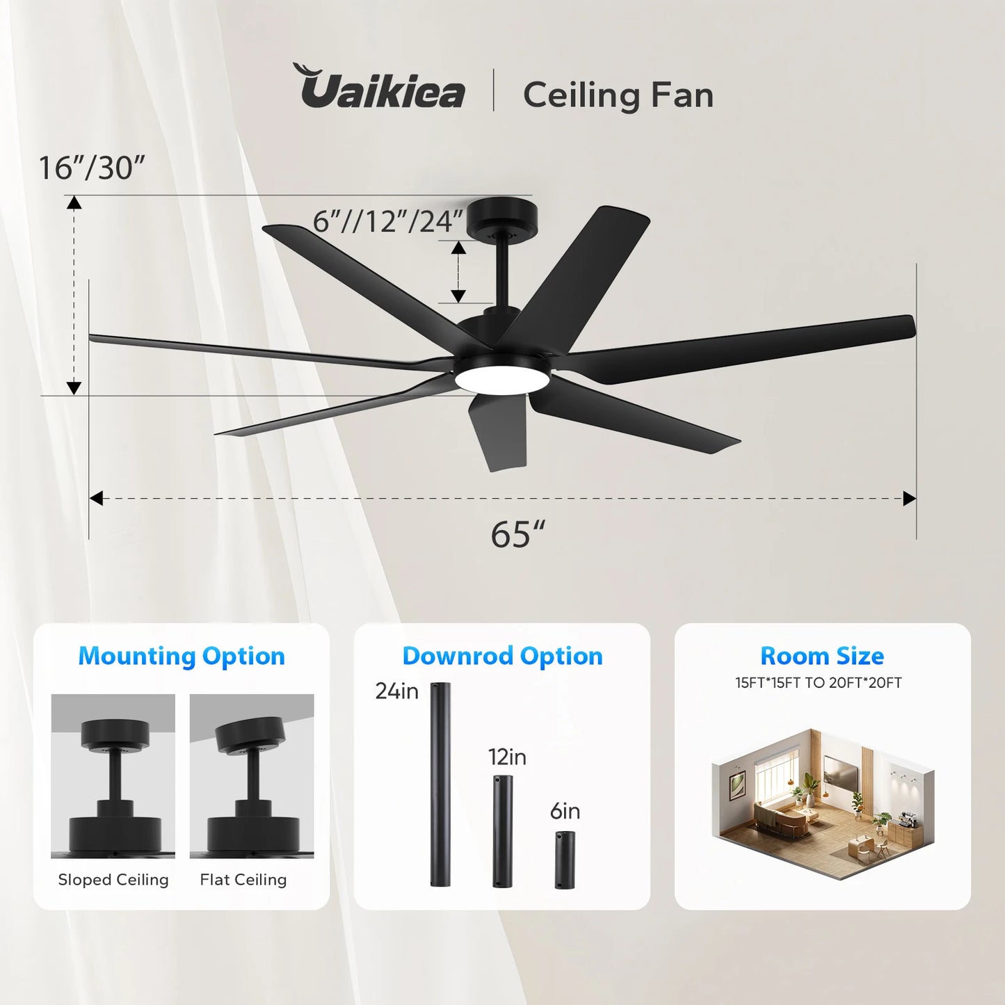 65inch Smart Ceiling Fan with Light and Remote/APP/Voice Outdoor Quiet Reversible DC Motor Fan 3CCT for Over 15*15ft to 18*18ft