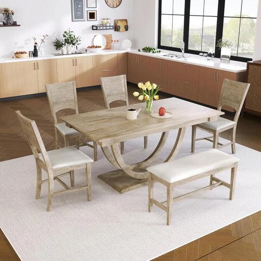 6 piece dining table set with bench and chairs for 6 persons, farmhouse kitchen dining room table set with recantgle table and u