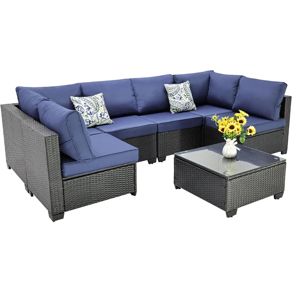 7 Pieces Outdoor Patio Furniture Sets, PE Rattan Wicker Patio Conversation Set with Tea Table (2BLACK/BL, B/ZB)