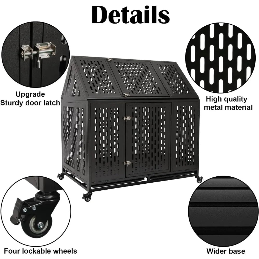 44 inch heavy duty indestructible dog crate steel escape proof chew proof cage, indoor double door kennel for high anxiety large