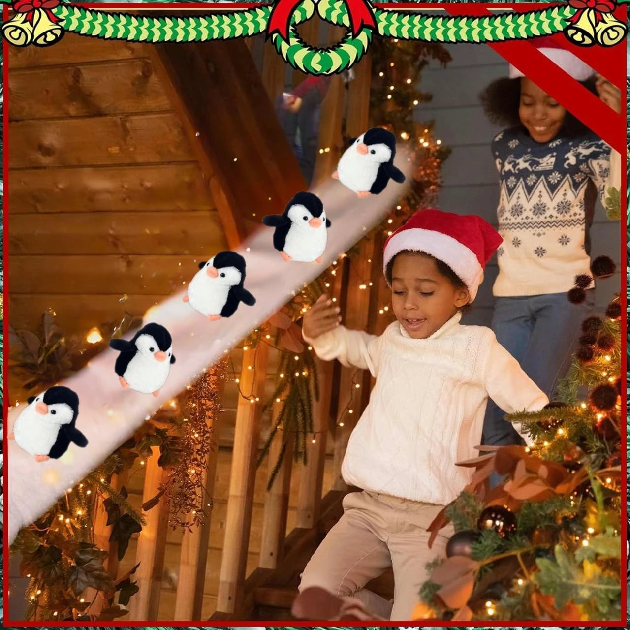 1set Christmas Stair Decoration Fake Snow Cotton Carpet with Sliding Penguins DIY Staircase Decors for Indoor Xmas Tree Banister