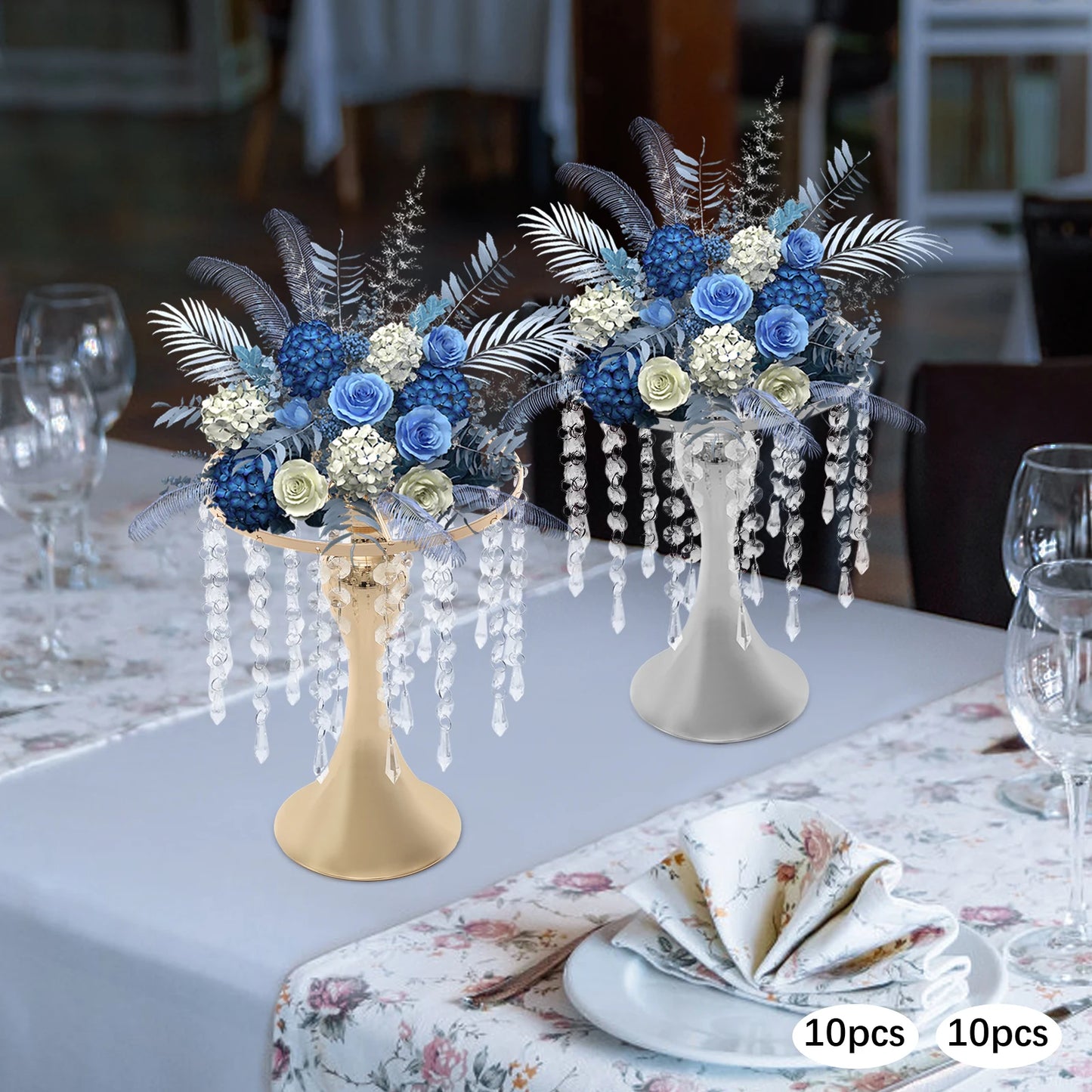 10Pcs Wedding Centerpieces for Tables 26cm Tall Crystal Flower Stand Floral Vases for Gift Baptism Party Decor Gold/Sliver