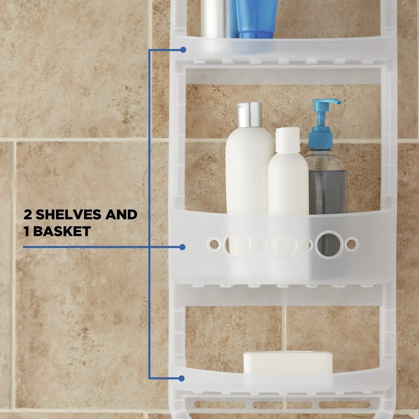 Large over the Shower Caddy, 2 Shelves, 1 Deep Basket, Heavy Duty Plastic, Frosty Finish, bathroom shelves, wall shelf