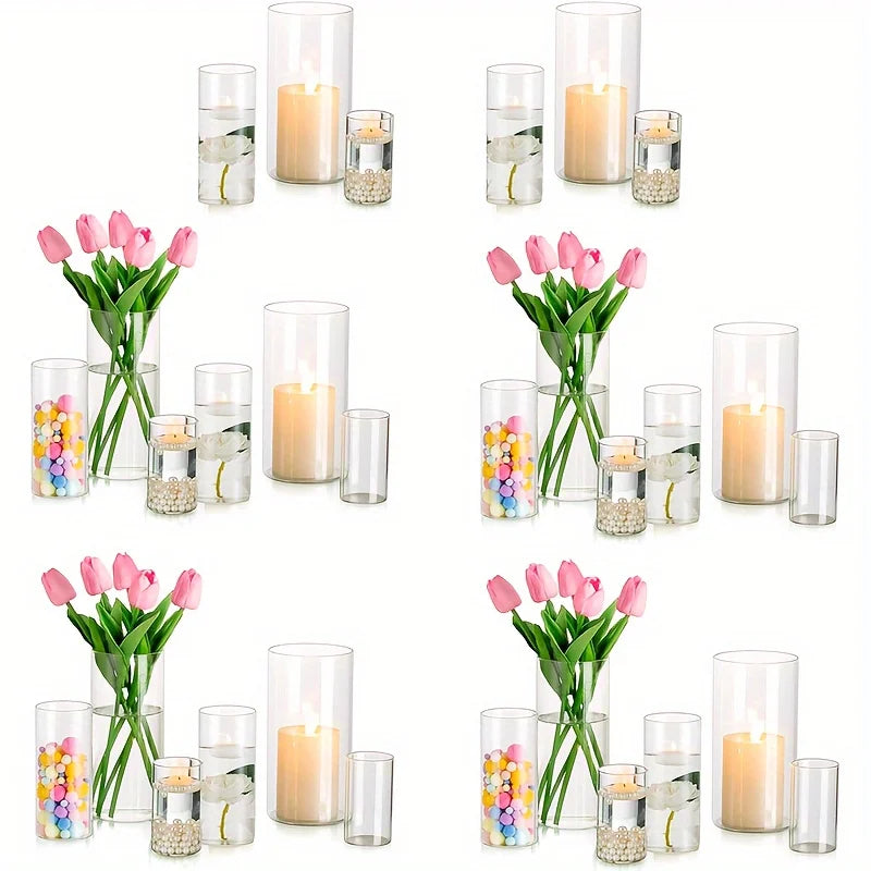 12/30 Set of Cylindrical Glass Vases, Modern Transparent Vases, Hurricane Candle Holders for Pillar Candles, Wedding Vases