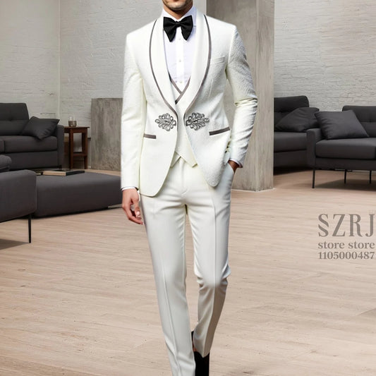 Men's Formal Tuxedo Suit Set with Shawl Collar, Vest & Trousers, Ideal for Wedding, Prom & Gala Events