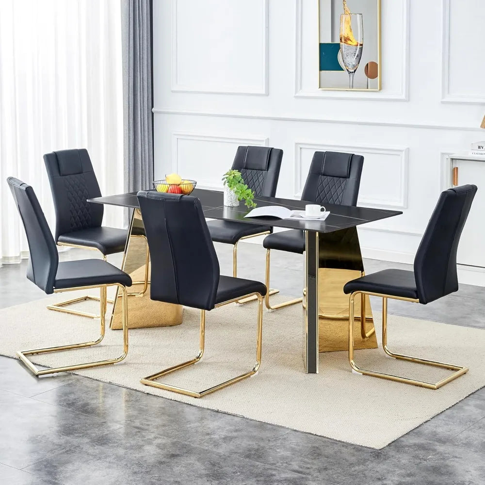 7 Pieces Dining Table Set,63" Marble Kitchen Room Table with 6 Black Chairs,Rectangle Sintered Stone Top with Gold Legs