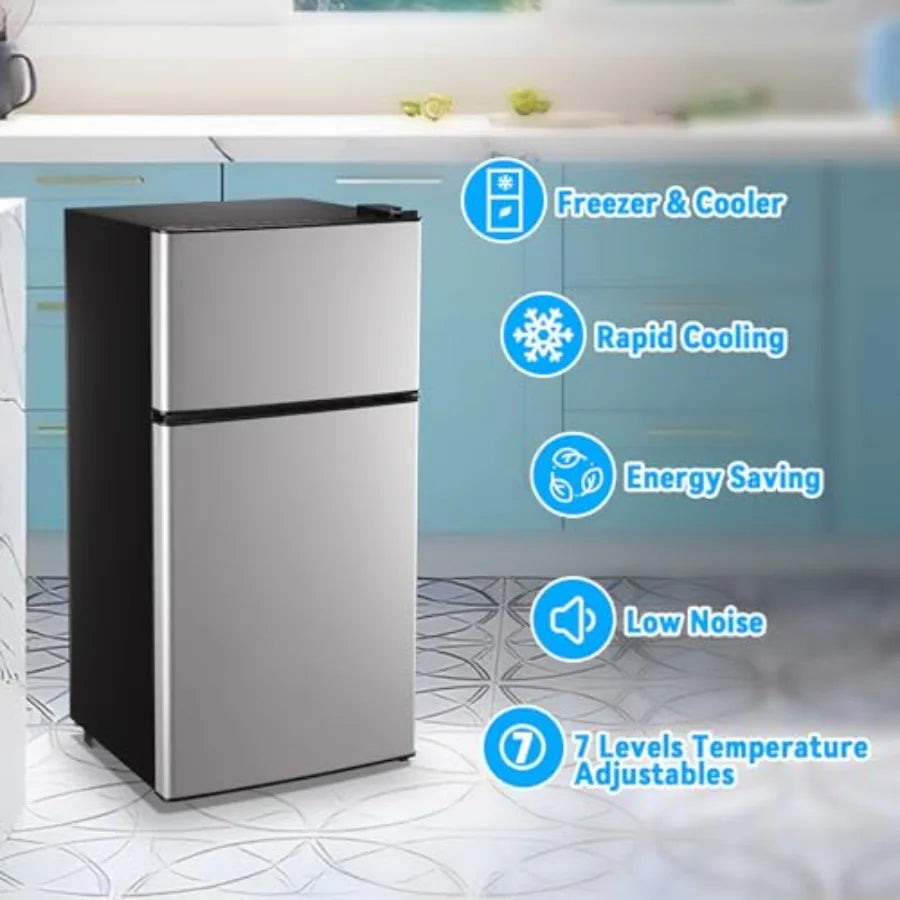 Mini Fridge with Freezer 2.4 Cu.ft Mini Refrigerator Double Doors Dorm Fridge Compact 7 Modes Temp Suit for Apartment Bedroom O