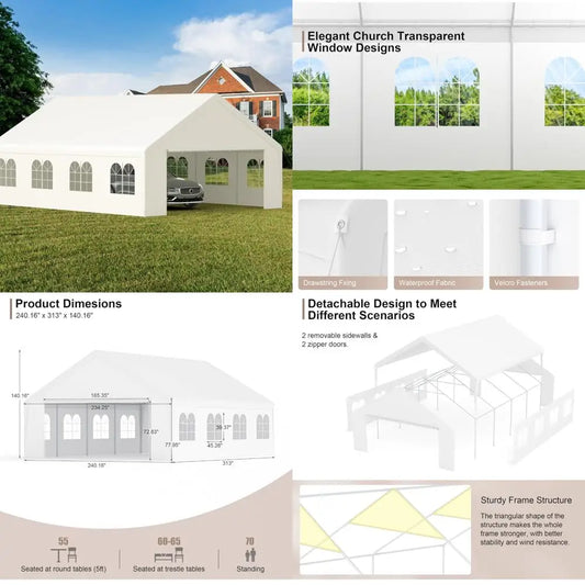 "20ft x 26ft durable carport with roll-up clear panels, reinforced party tent with detachable walls and doors"