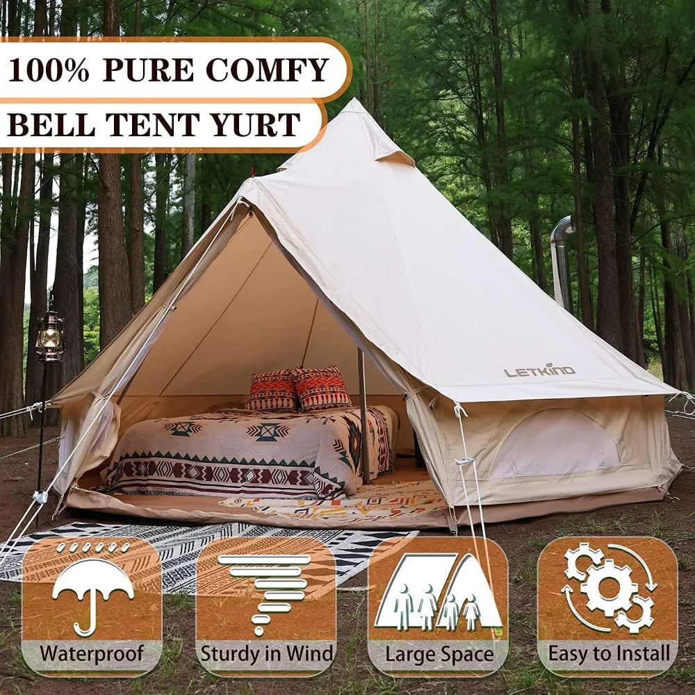 Canvas Bell Tent Yurt with Stove Jack, 4 Season Waterproof Camping Tent 4/6 Person Luxury Outdoor Glamping Tent for Camping